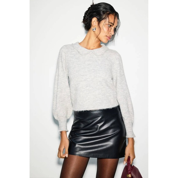 west of. Sweaters - West Of. Heather Grey Peter Pan Collar Puff Sleeve Button Back Sweater XS